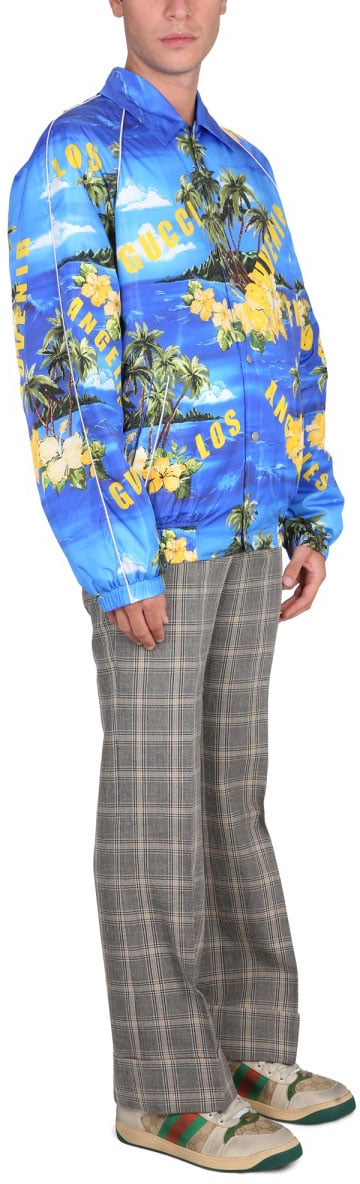 Gucci Nylon Jacket With Tropical Print And Yellow Accents Blauw