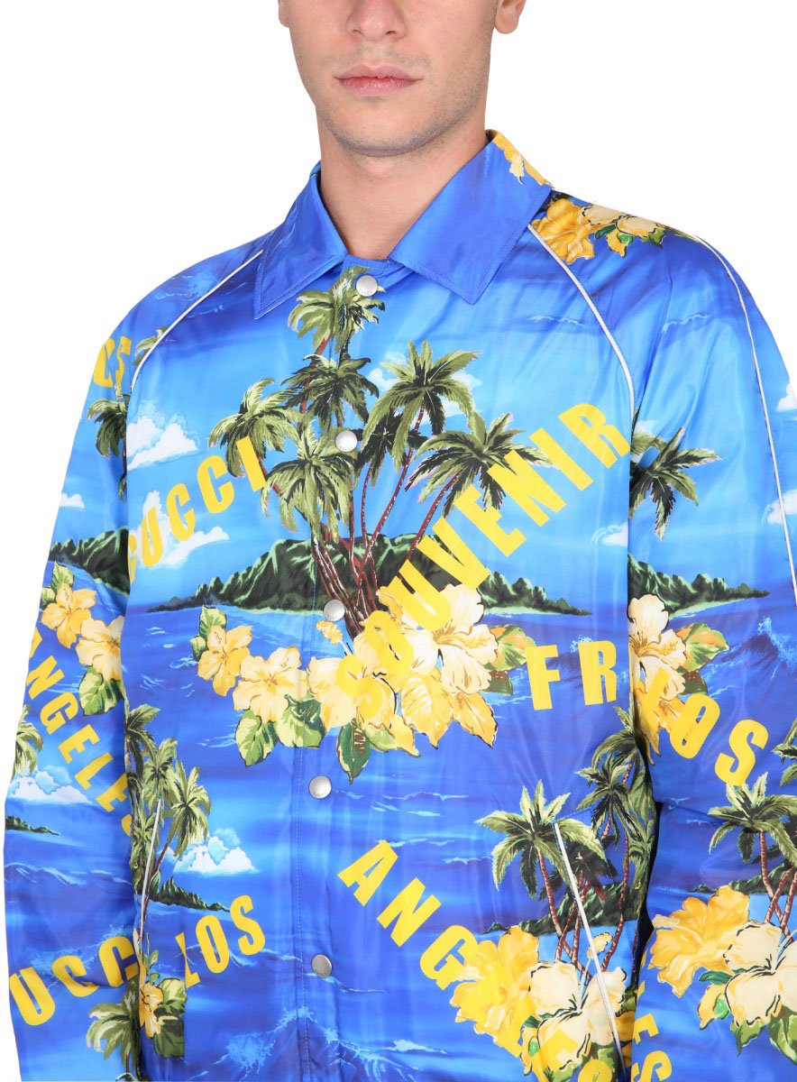 Gucci Nylon Jacket With Tropical Print And Yellow Accents Blauw