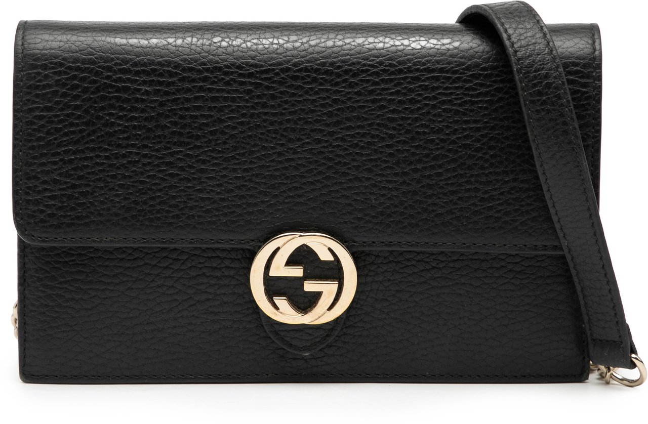 Gucci Leather Interlocking G Dollar Wallet on Chain Zwart