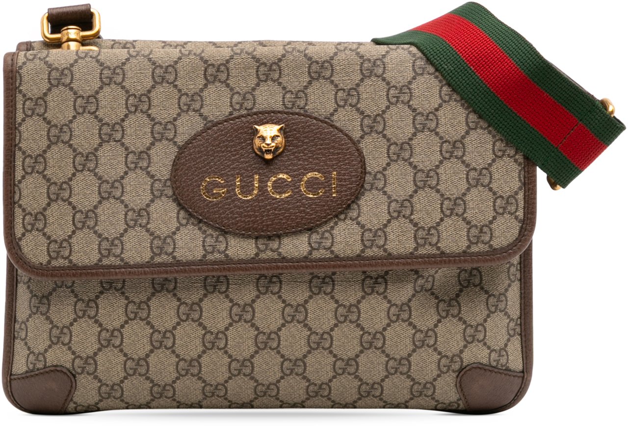 Gucci Medium GG Supreme Web Neo Vintage Double Flap Messenger Bag Bruin