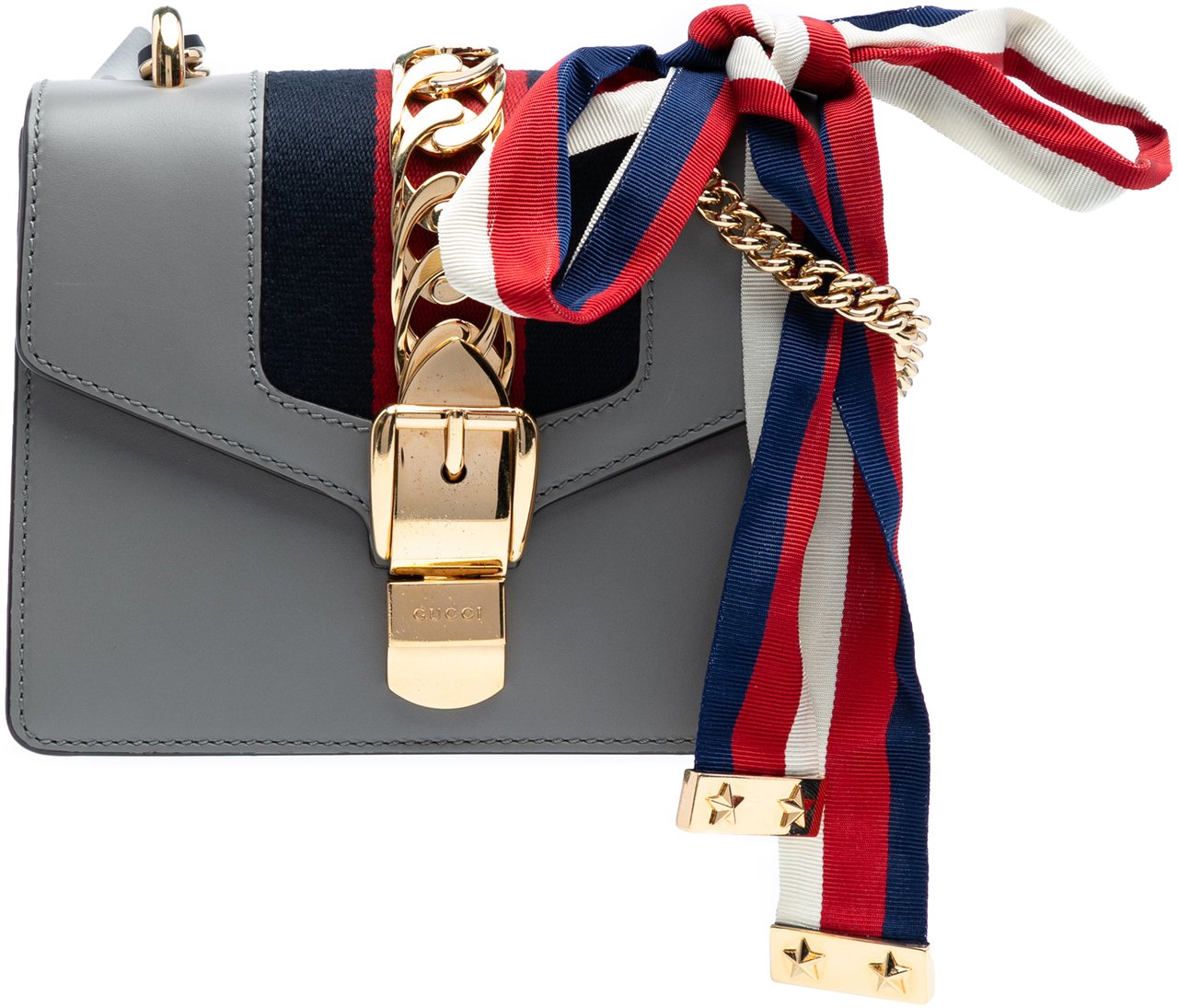 Gucci Mini Leather Web Sylvie Chain Crossbody Grijs