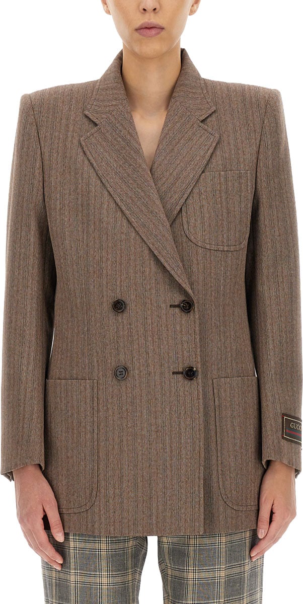 Gucci Classic Herringbone Patterned Wool Jacket Grijs