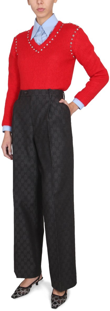 Gucci V-Neck Mohair Sweater with Studded Accents Rood