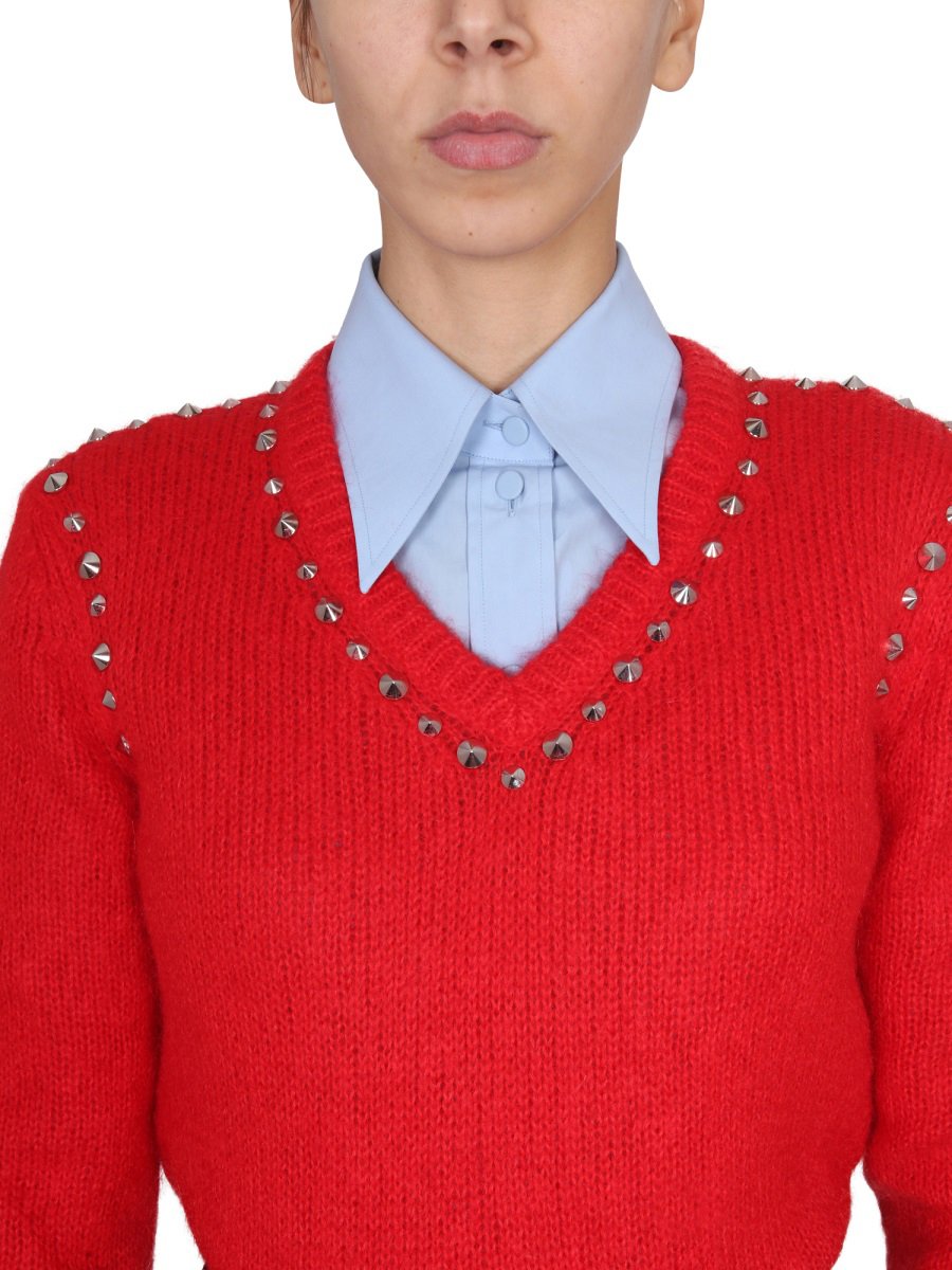 Gucci V-Neck Mohair Sweater with Studded Accents Rood