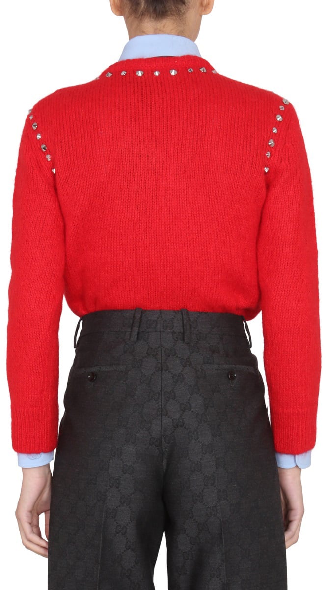 Gucci V-Neck Mohair Sweater with Studded Accents Rood