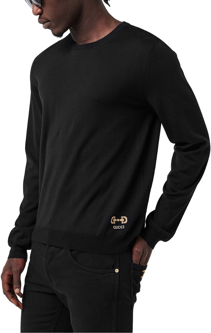 Gucci Horsebit Logo Intarsia Wool Sweater Zwart