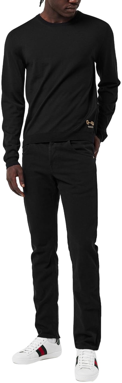 Gucci Horsebit Logo Intarsia Wool Sweater Zwart