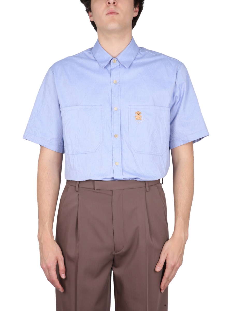 Gucci Casual Shirt with Bear Embroidery on Pocket Blauw