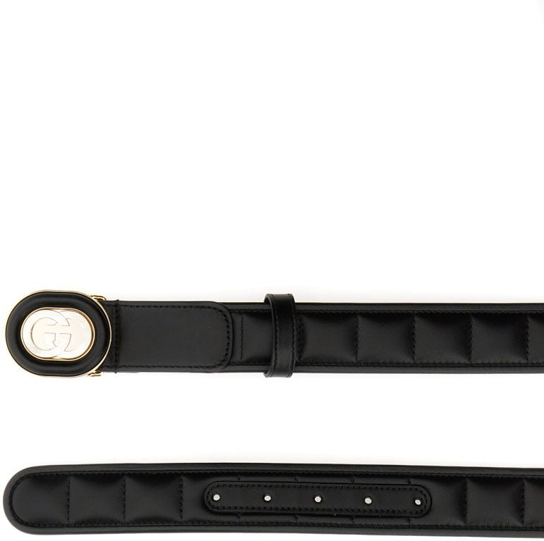 Gucci Black Quilted Leather Belt with Gold Cross Buckle Zwart
