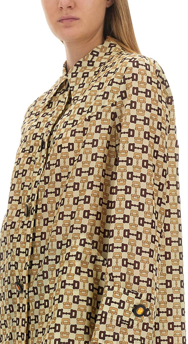 Gucci Horsebit Print Long Coat with Structured Silhouette Bruin
