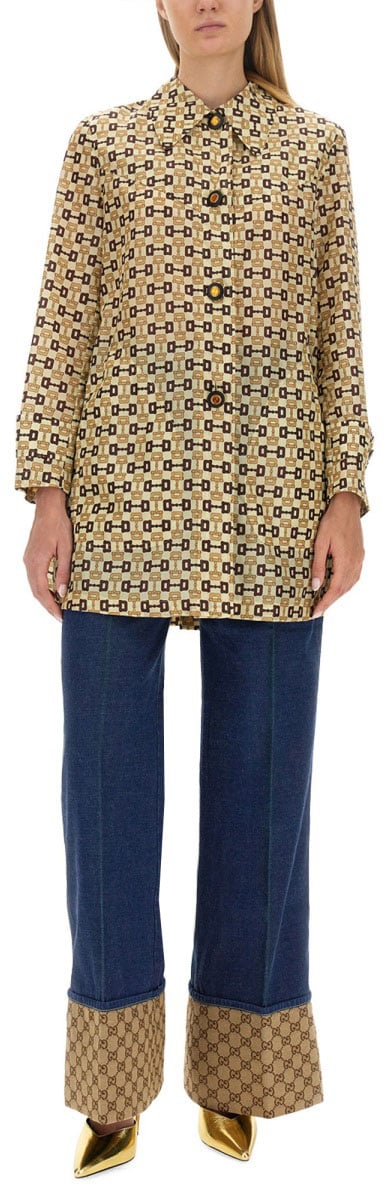 Gucci Horsebit Print Long Coat with Structured Silhouette Bruin