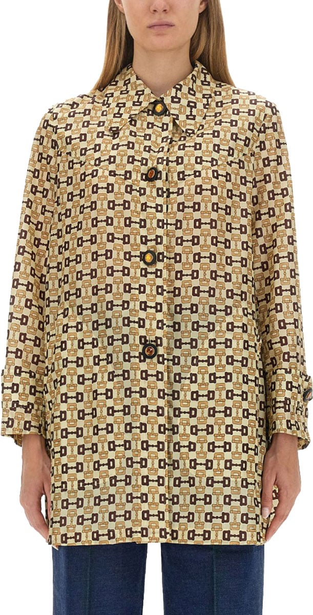 Gucci Horsebit Print Long Coat with Structured Silhouette Bruin