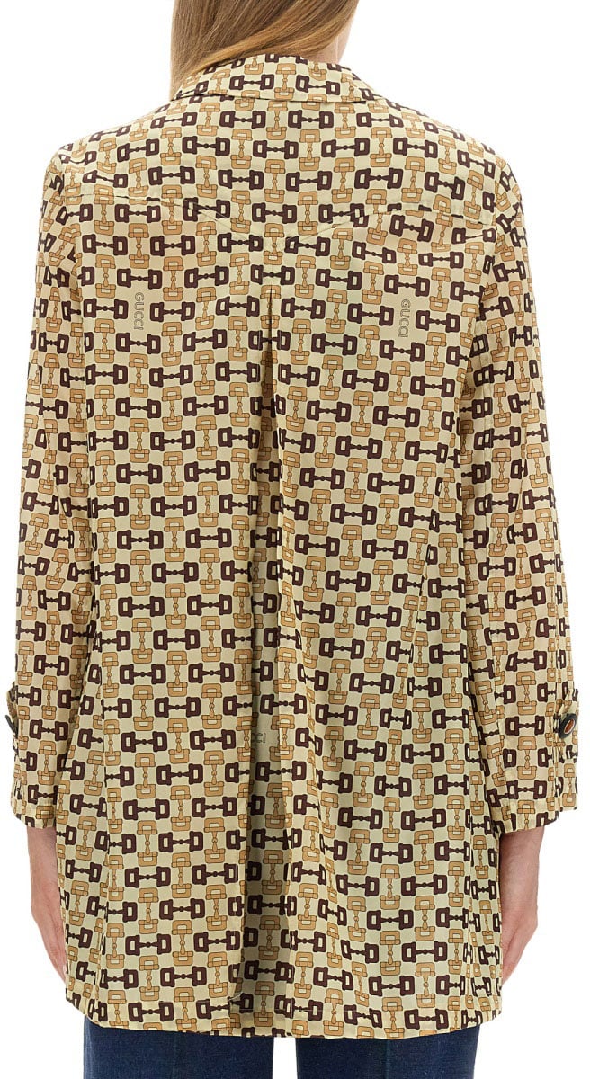 Gucci Horsebit Print Long Coat with Structured Silhouette Bruin