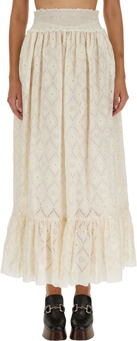 Gucci Floral Broderie Anglaise Midi Skirt Neutraal