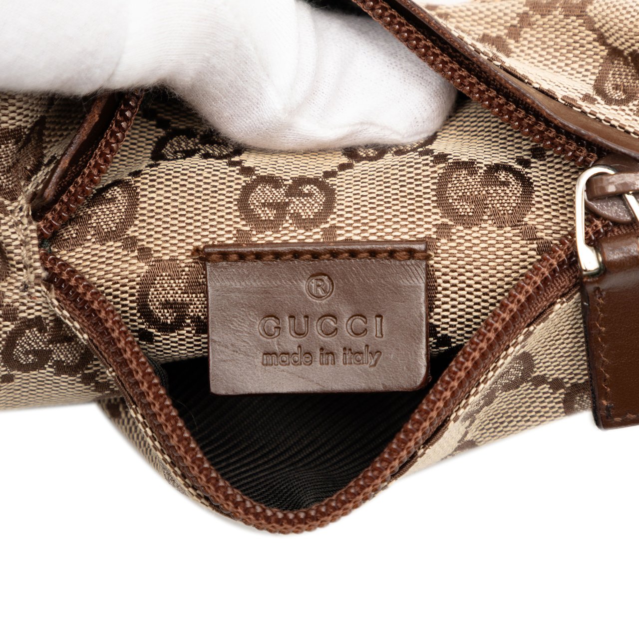 Gucci GG Canvas Double Pocket Belt Bag Bruin