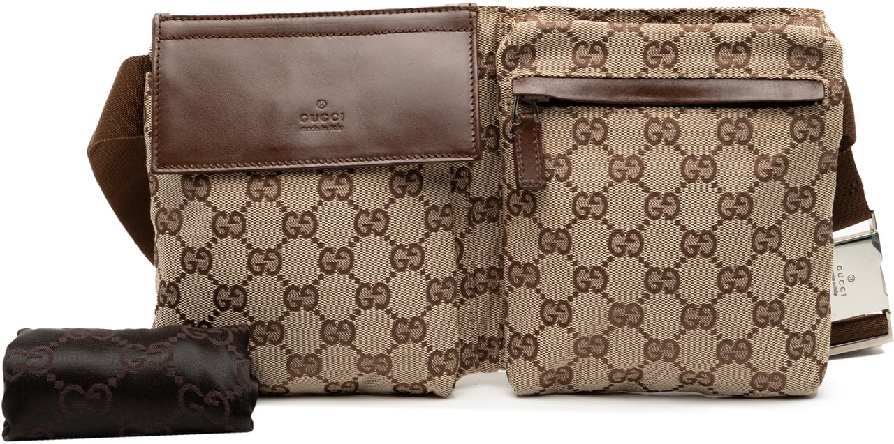 Gucci GG Canvas Double Pocket Belt Bag Bruin