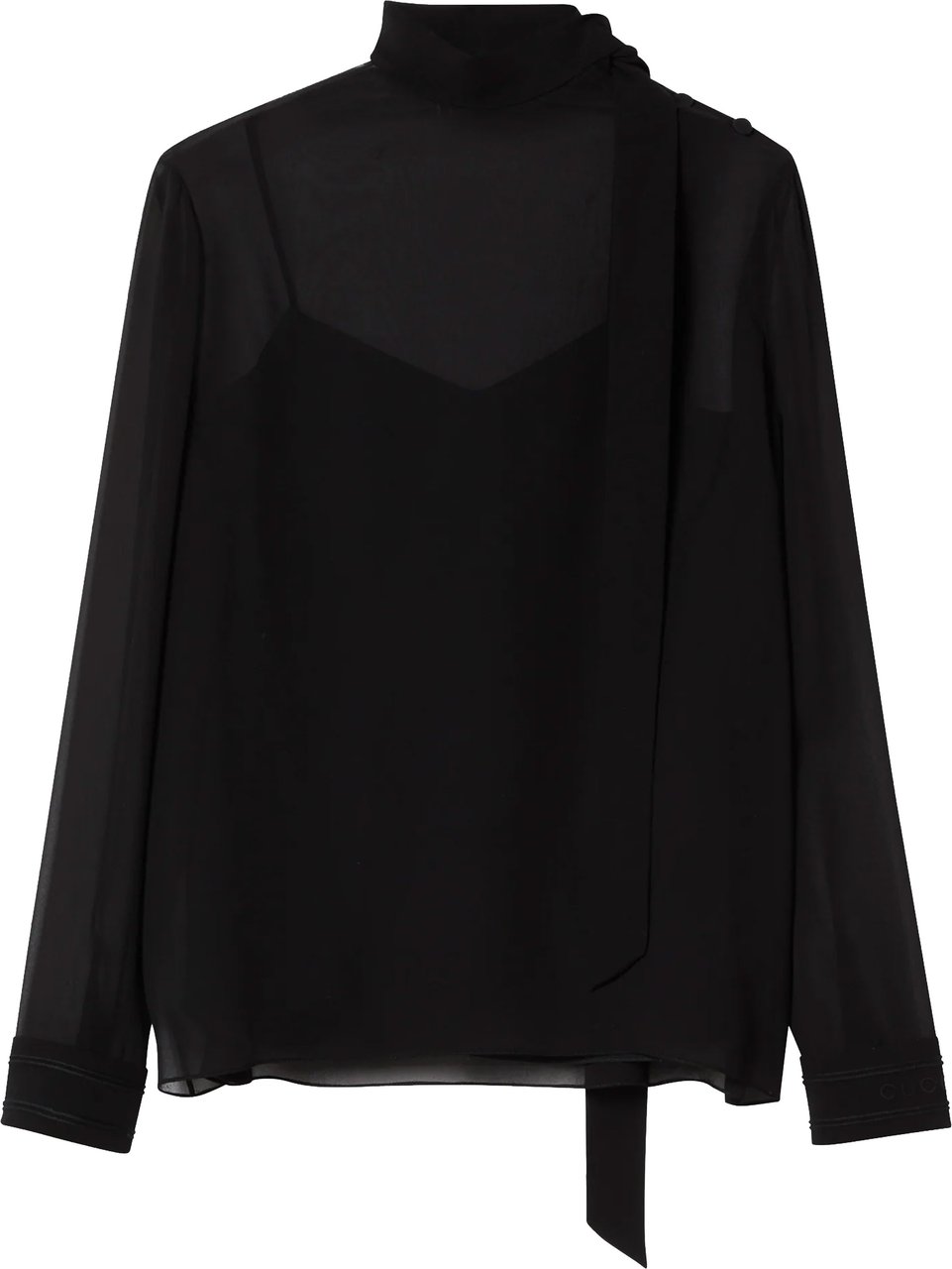 Gucci Black Sheer Silk Georgette Bow Top Zwart