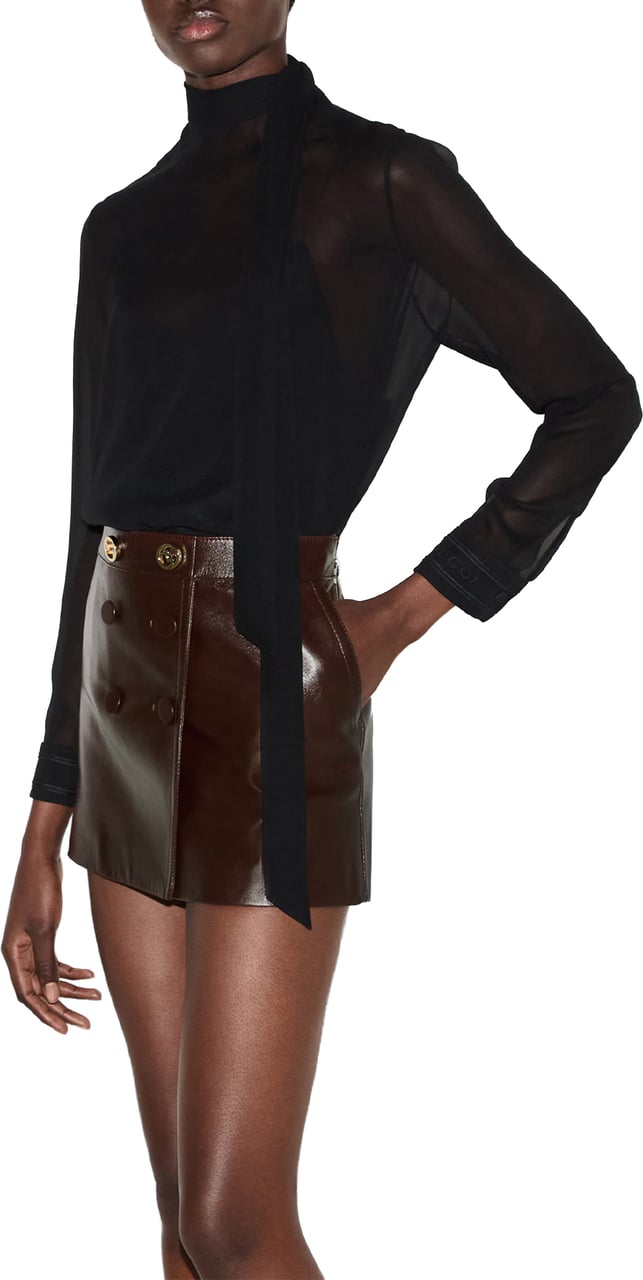 Gucci Black Sheer Silk Georgette Bow Top Zwart