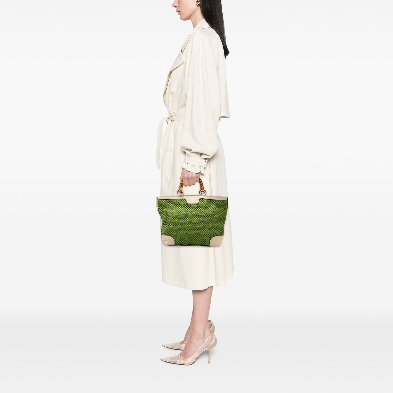 Gucci Large Raffia Bamboo Shopper Tote Groen