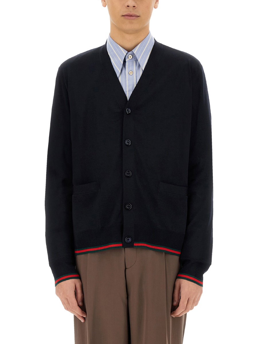Gucci Knitted Wool Cardigan With Web Pattern Zwart