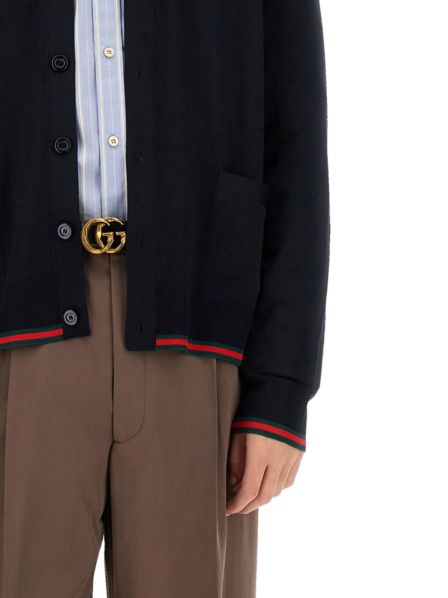 Gucci Knitted Wool Cardigan With Web Pattern Zwart