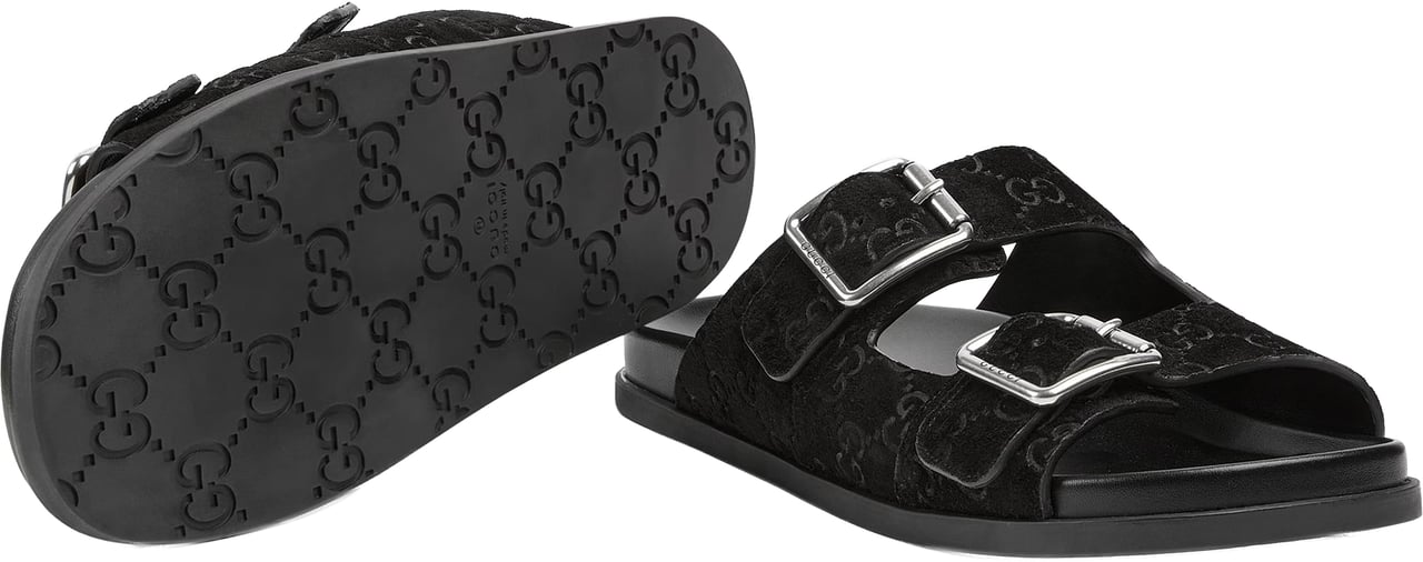 Gucci Black Rhein Open Suede Slide Sandals Zwart