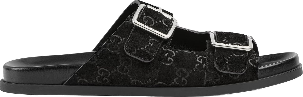 Gucci Black Rhein Open Suede Slide Sandals Zwart