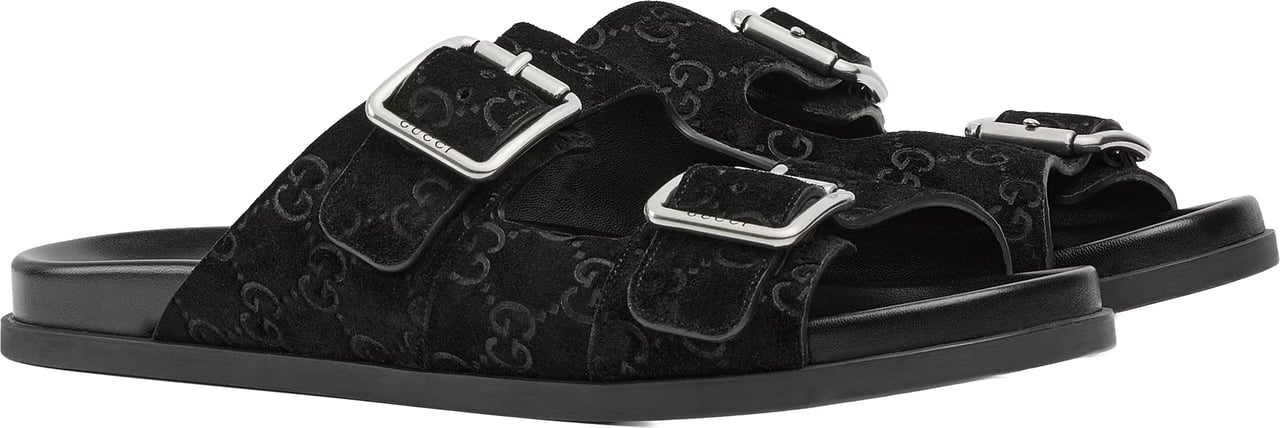 Gucci Black Rhein Open Suede Slide Sandals Zwart