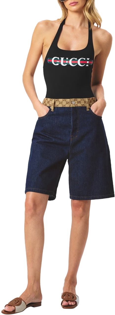 Gucci Sparkling Logo One Piece Swimsuit Zwart