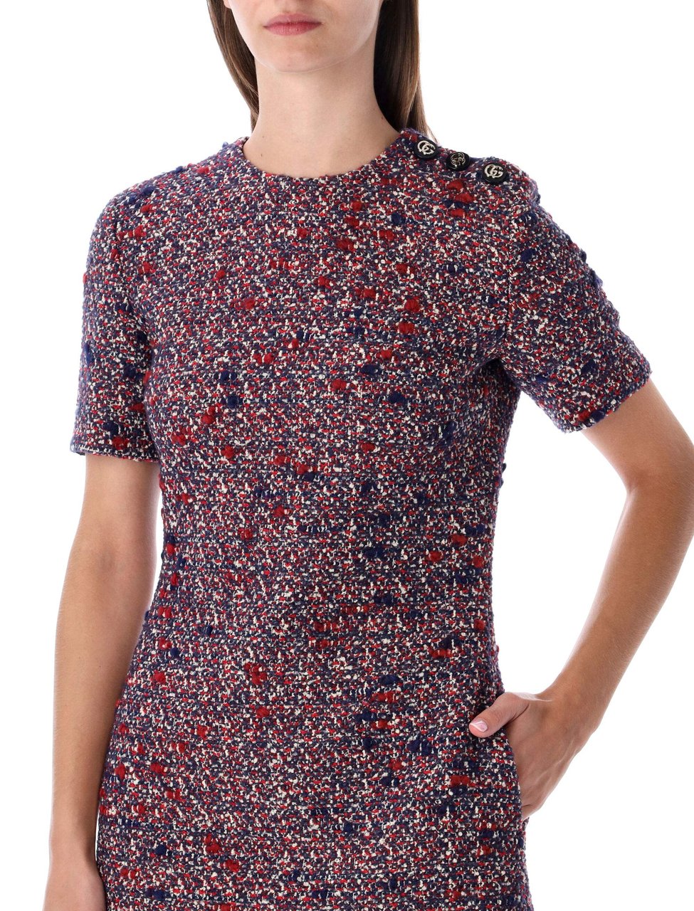 Gucci Mini Dress Tweed Textured Shoulder Dress Roze