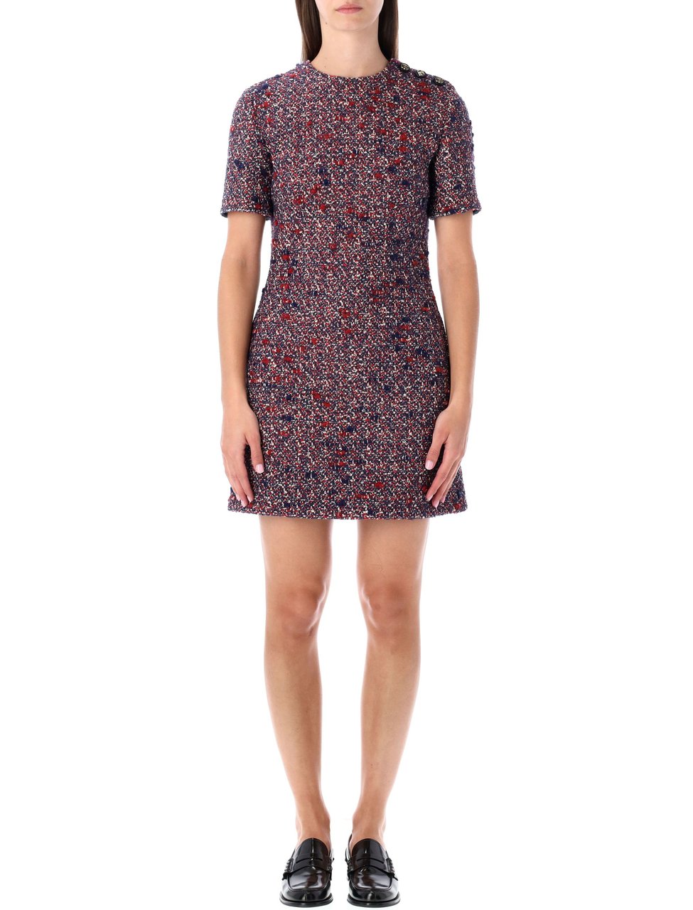 Gucci Mini Dress Tweed Textured Shoulder Dress Roze