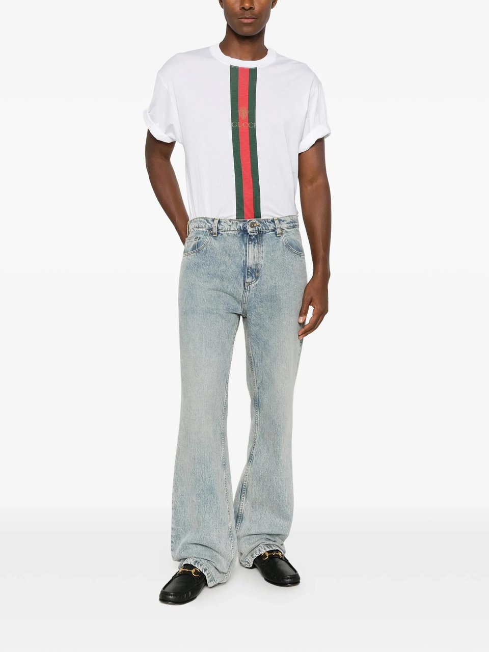 Gucci White Crewneck Vertical Stripe Cotton T-Shirt Wit