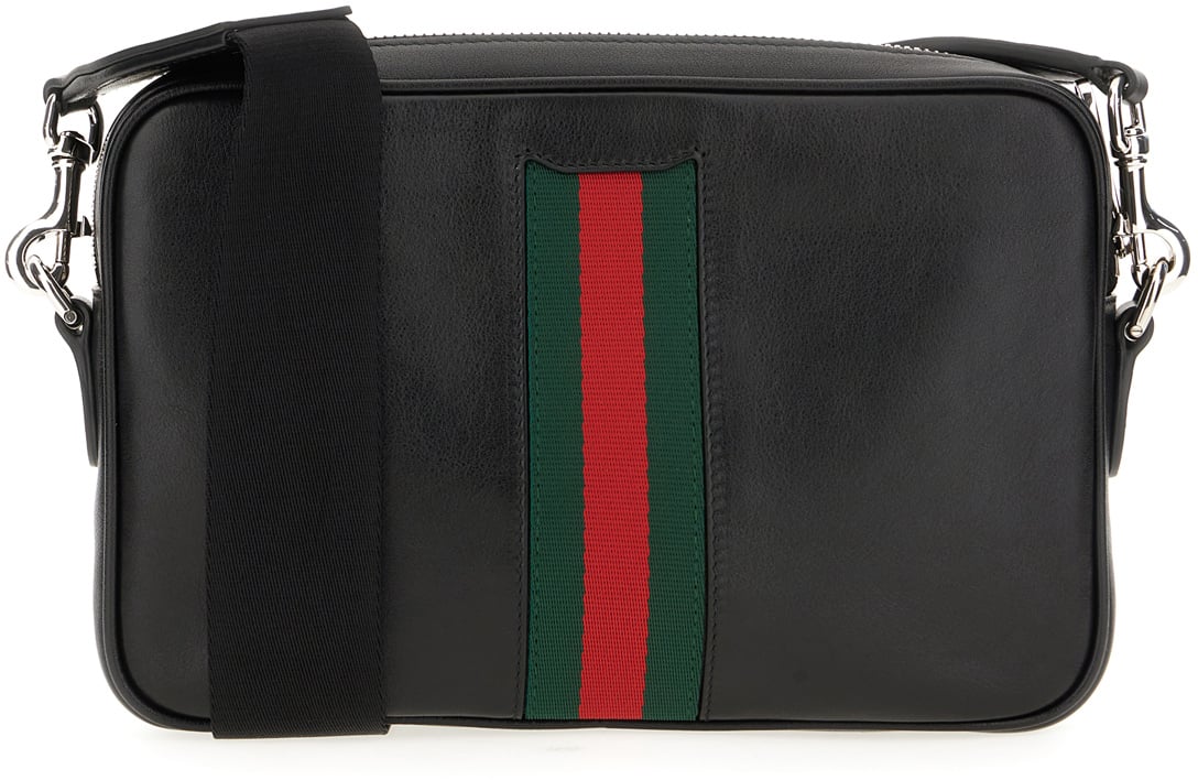 Gucci Black leather small Web Trademark crossbody bag Zwart