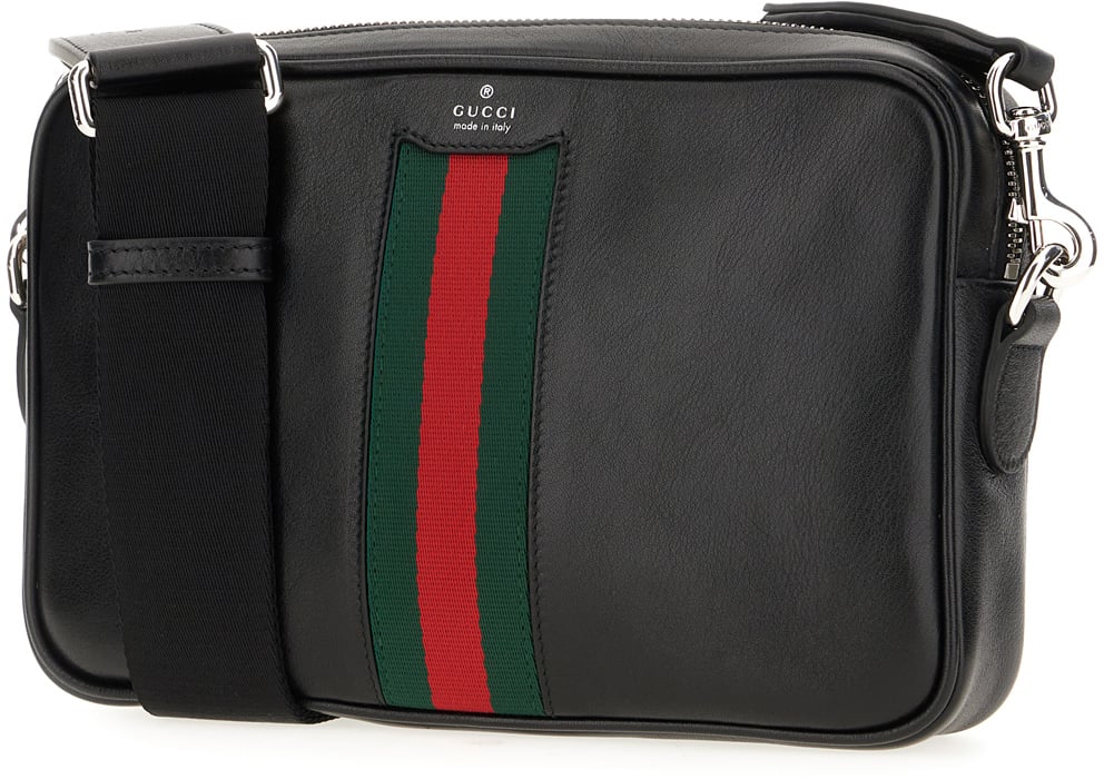 Gucci Black leather small Web Trademark crossbody bag Zwart