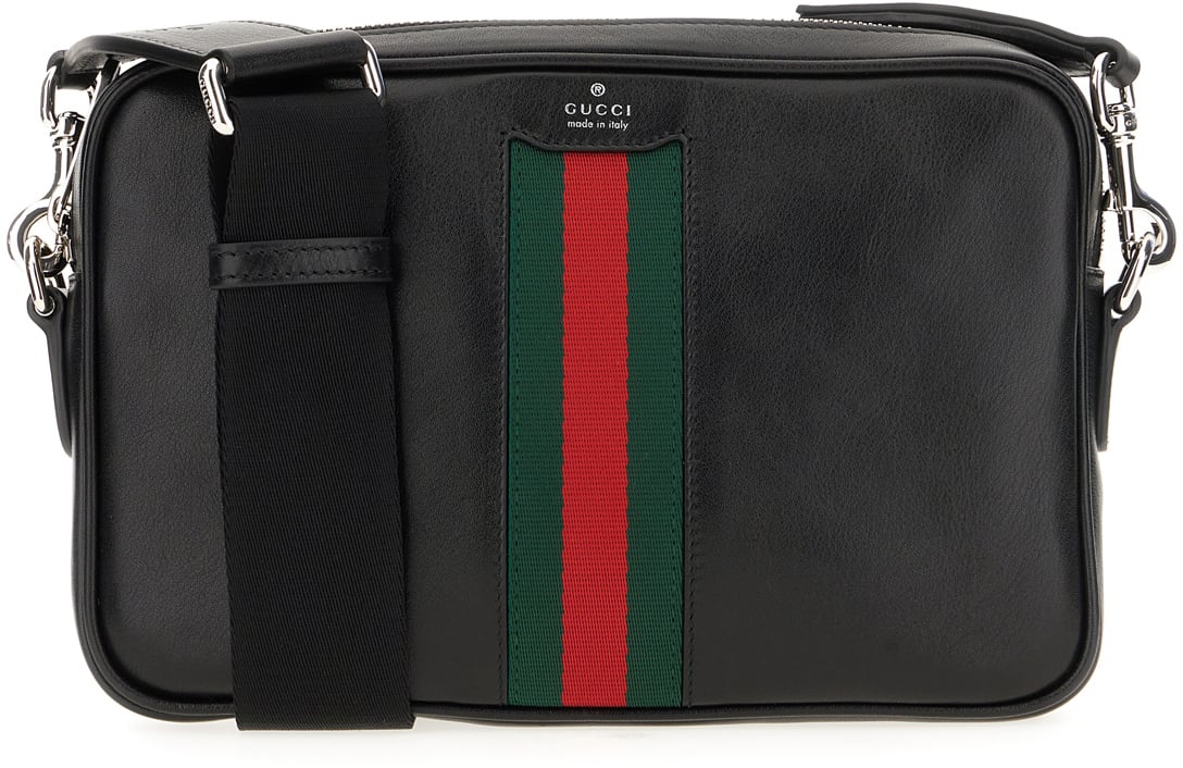 Gucci Gucci Black leather small Web Trademark crossbody bag Zwart