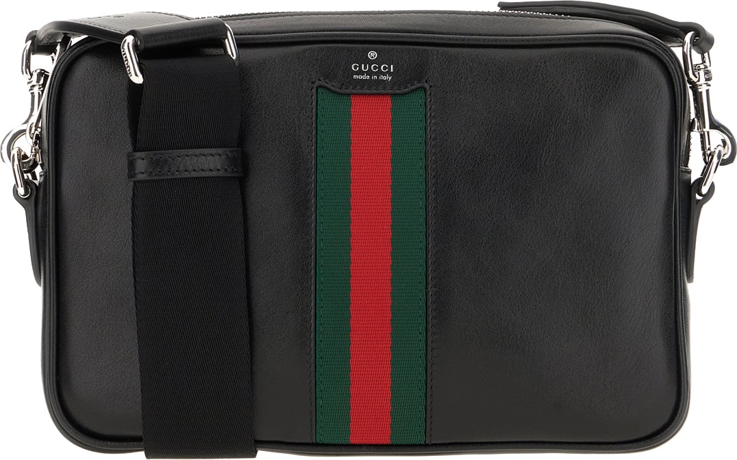 Gucci Black leather small Web Trademark crossbody bag Zwart