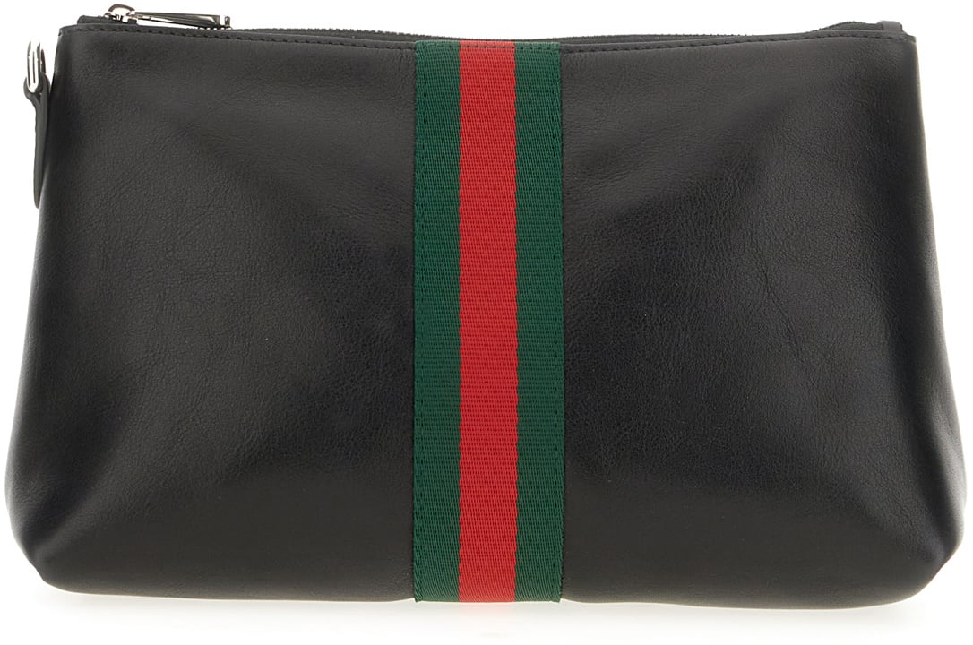Gucci Gucci Black leather small Web Trademark clutch Zwart