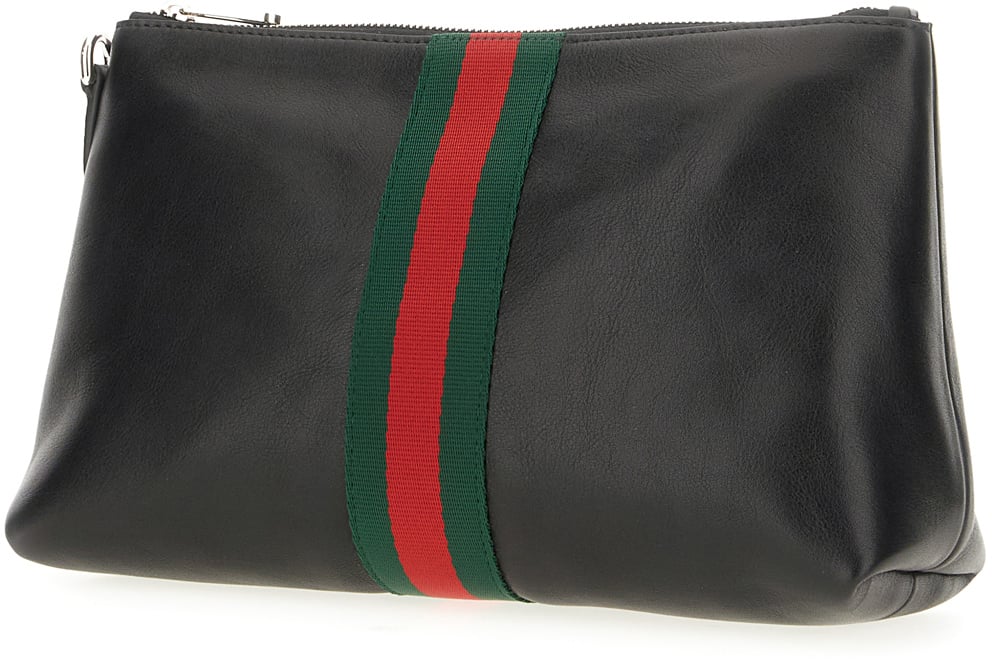 Gucci Gucci Black leather small Web Trademark clutch Zwart