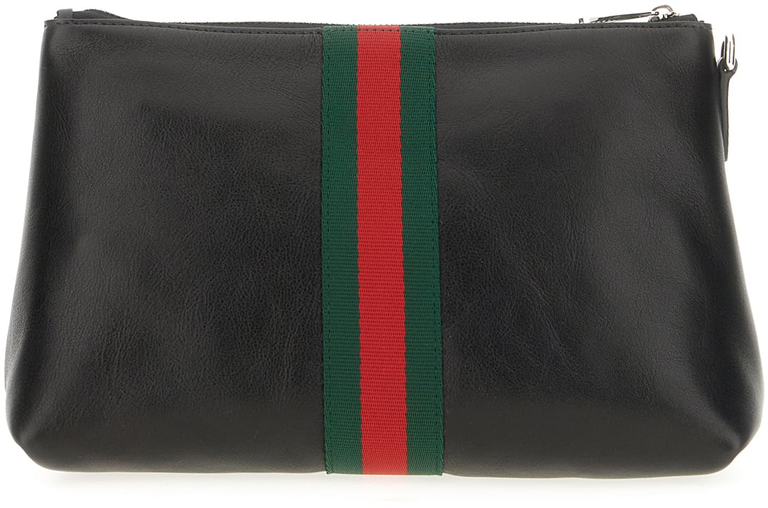 Gucci Gucci Black leather small Web Trademark clutch Zwart