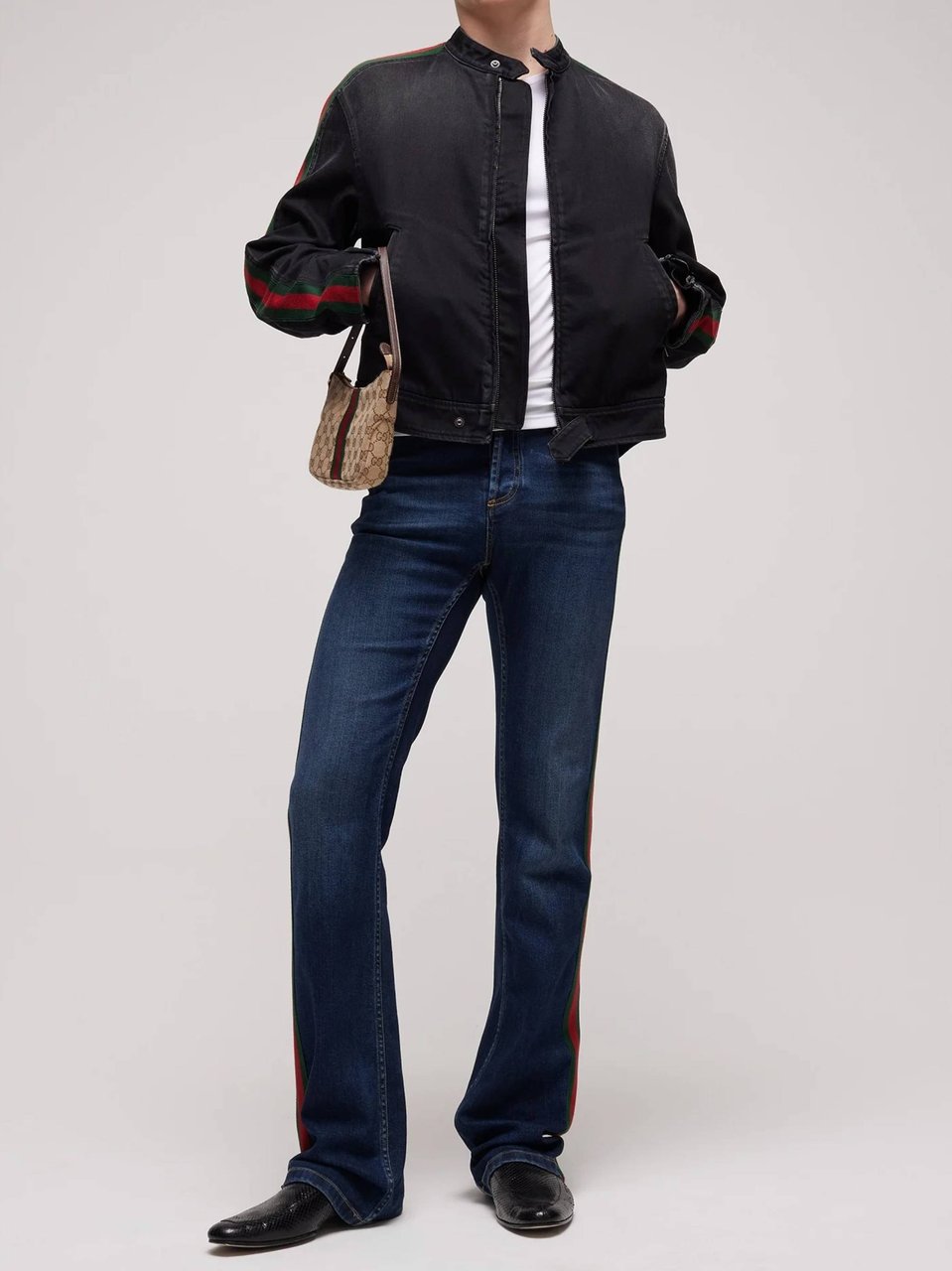 Gucci Biker Jacket With Bold Stripe Accents Zwart