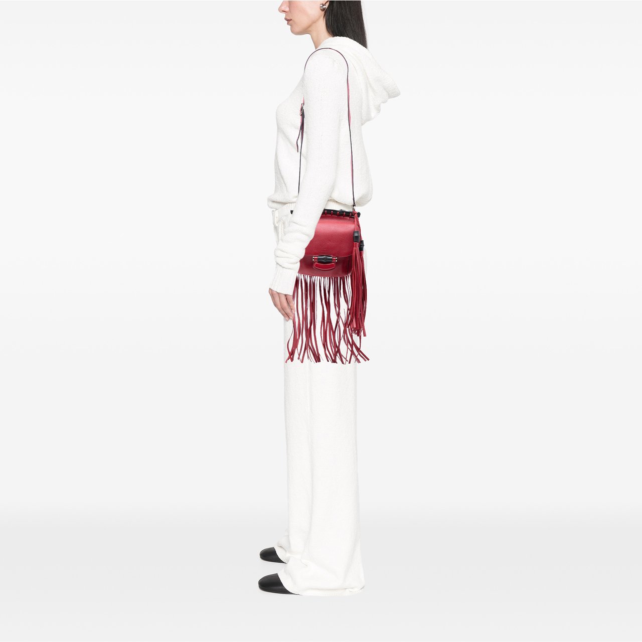 Gucci Small Suede Bamboo Nouveau Fringe Crossbody Rood