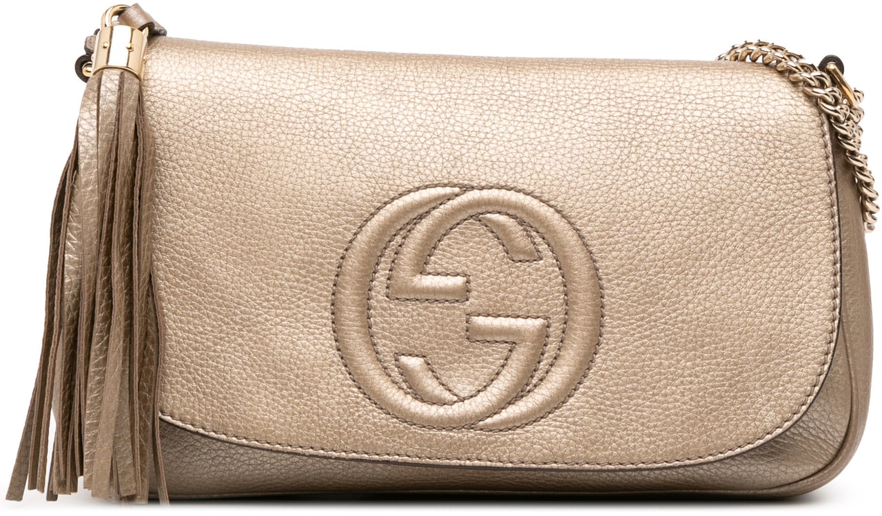 Gucci Medium Metallic Leather Soho Chain Flap Crossbody Goud