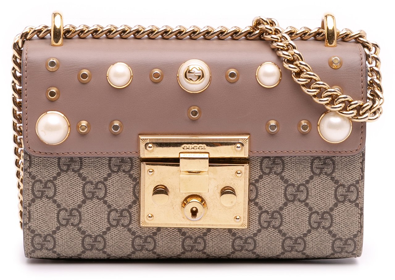 Gucci Small GG Supreme Pearl Studded Padlock Crossbody Bruin