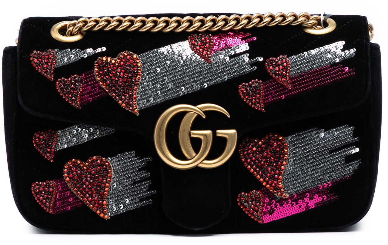 Gucci Medium GG Marmont Matelasse Velvet Sequin Embellished Shoulder Bag Zwart