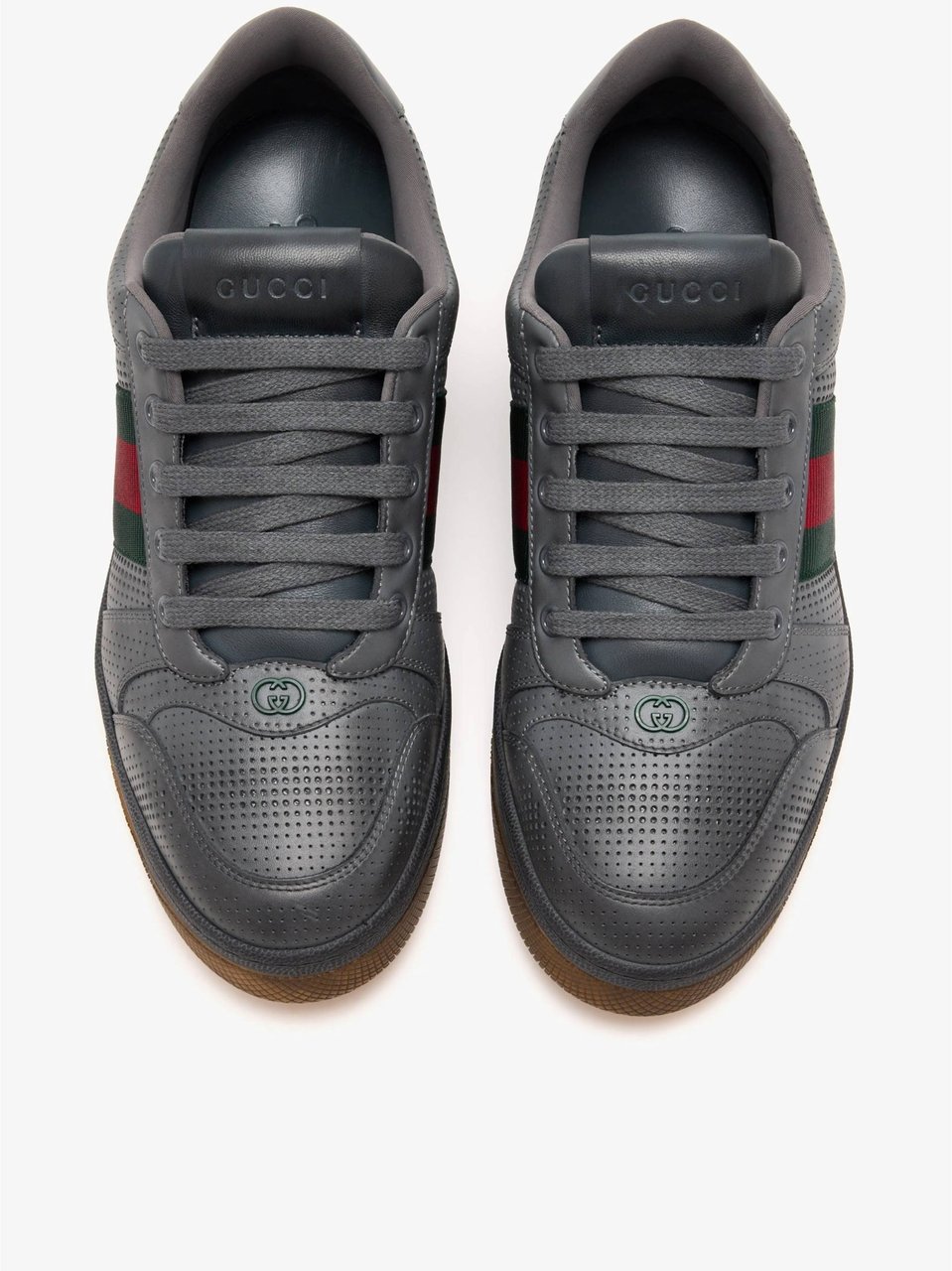 Gucci Dark Grey Perforated Leather Sneaker With Green And Red Striped Detail Zwart