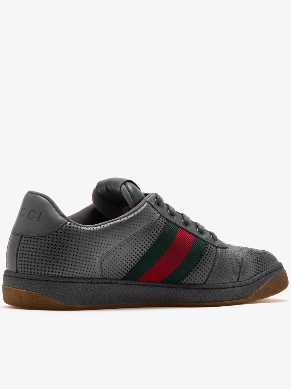 Gucci Dark Grey Perforated Leather Sneaker With Green And Red Striped Detail Zwart