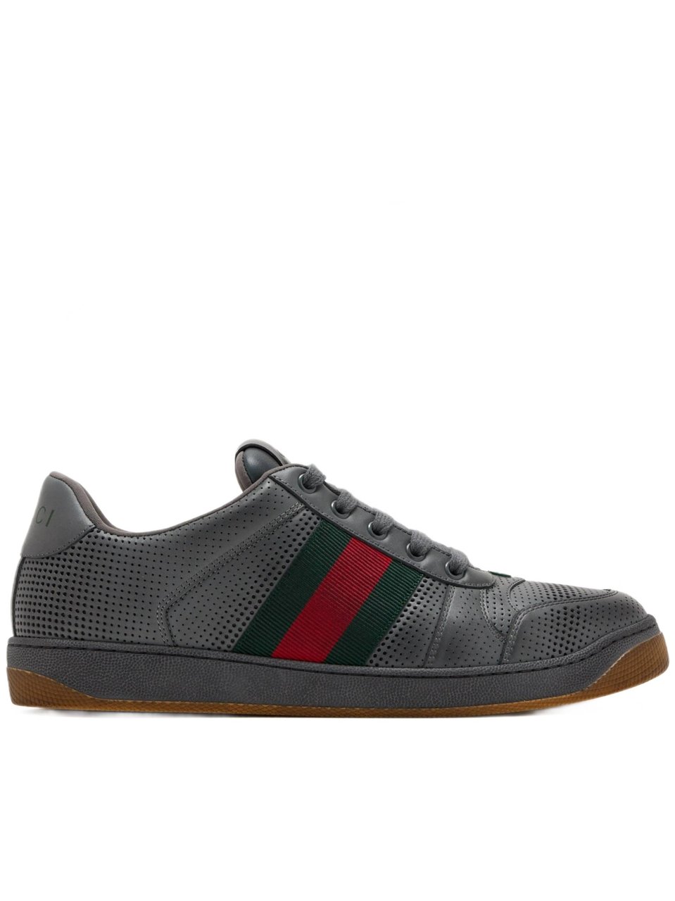 Gucci Dark Grey Perforated Leather Sneaker With Green And Red Striped Detail Zwart