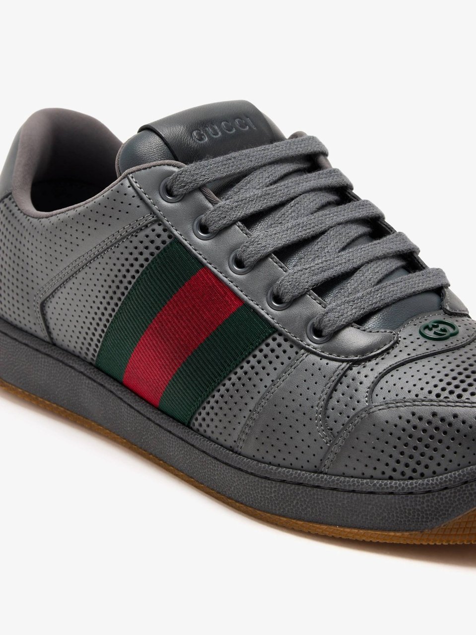 Gucci Dark Grey Perforated Leather Sneaker With Green And Red Striped Detail Zwart
