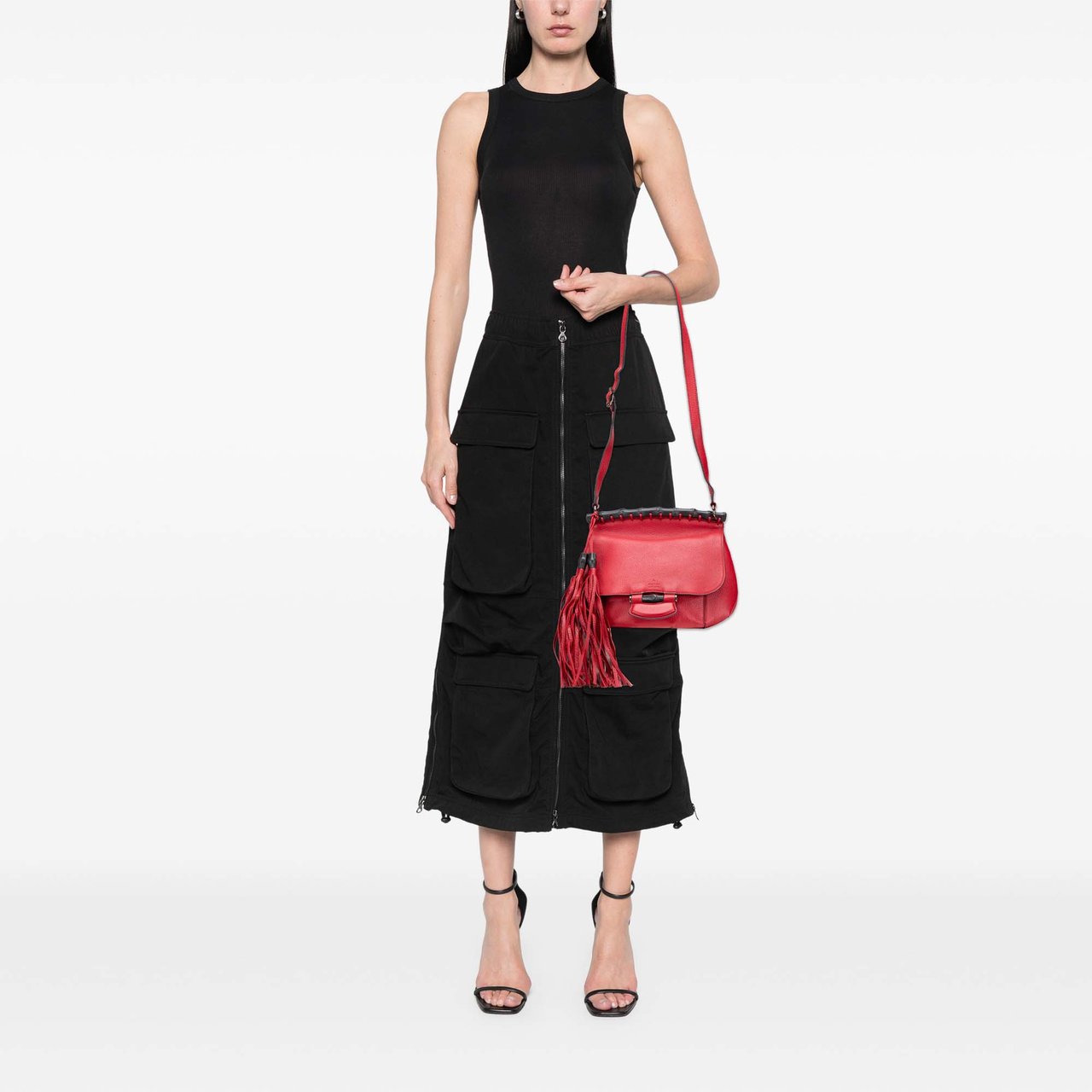 Gucci Medium Leather Bamboo Nouveau Fringe Crossbody Rood