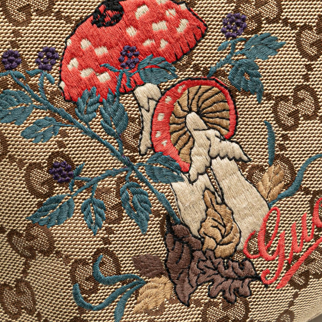 Gucci GG Canvas Embroidered Mushroom Tote Bruin